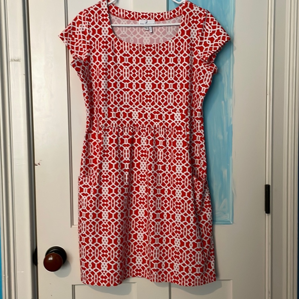 Jude Connally short sleeved dress orange and white size large